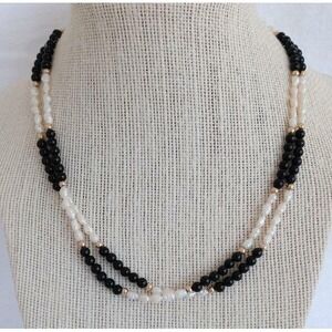 Vintage 14k Solid Yellow Gold Onyx Freshwater Pearl Bead Necklace 2 Strands 17"